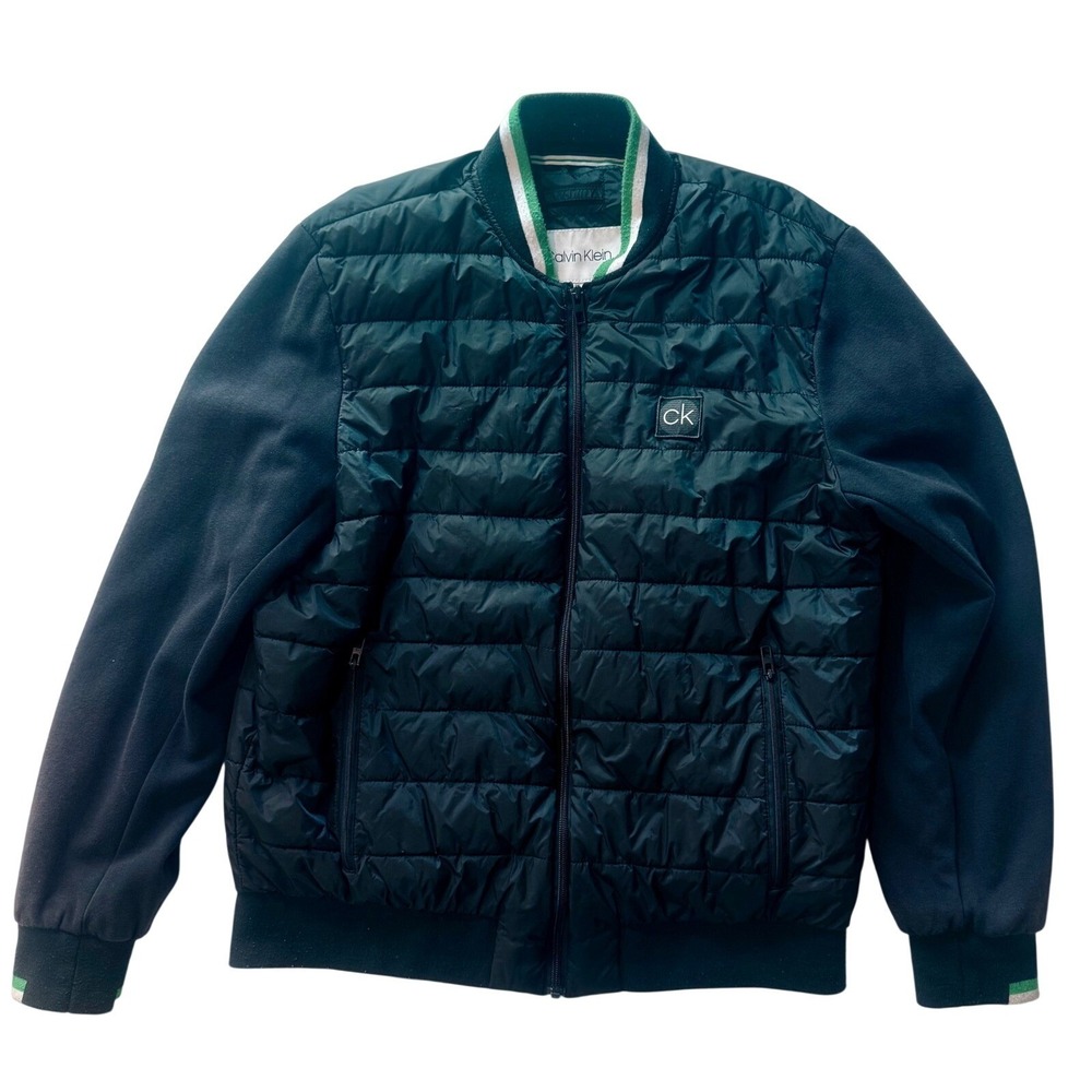 Calvin Klein Mens Quilted Puffer Hybrid‎ Bomber Jacket Green Black Large CK Logo